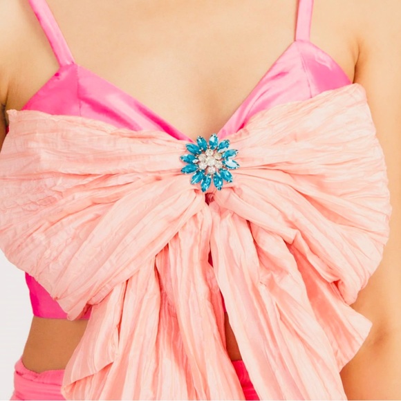 LoveShackFancy Tops - LoveShackFancy Pink Satin Top with Jewel and Bow (The Vima Crop Top)